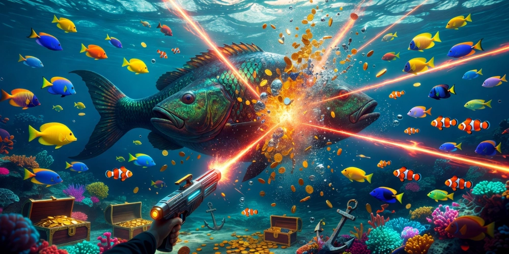 Giao diện trò chơi bắn cá đại dương NH88 với boss cá khổng lồ và hiệu ứng nổ hũ hấp dẫn