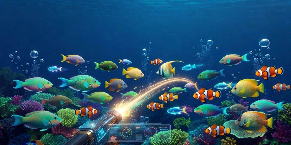 Minh họa khái niệm bắn cá online nh88 với đồ họa đại dương sống động và các loài cá đa dạng