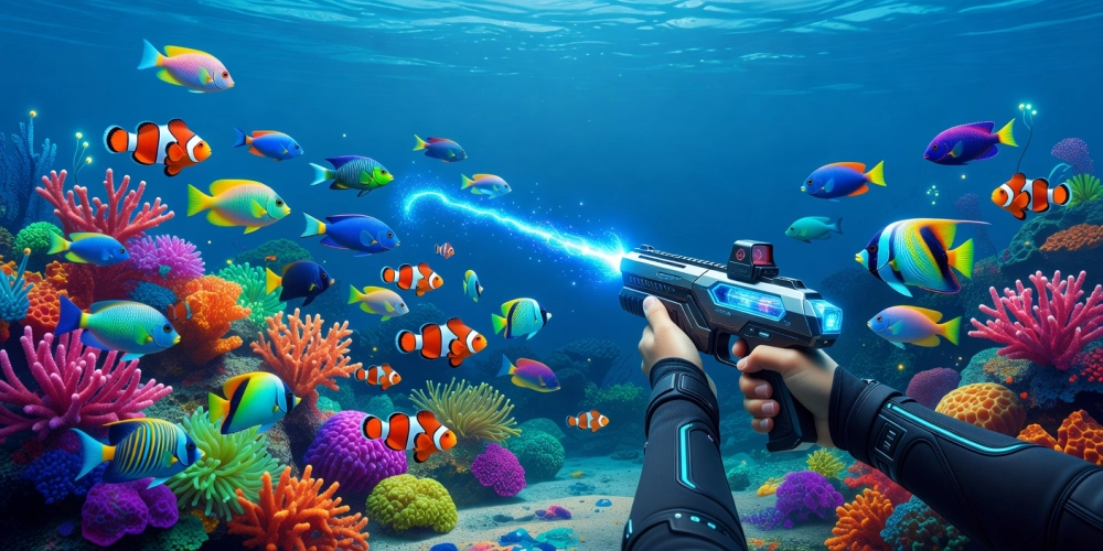Hình minh họa giao diện bắn cá vui nh88 với cá đa sắc màu và súng bắn hiện đại