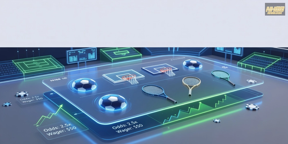 Hình minh họa khái niệm cá cược thể thao nh88 với giao diện hiện đại và các môn thể thao phổ biến.