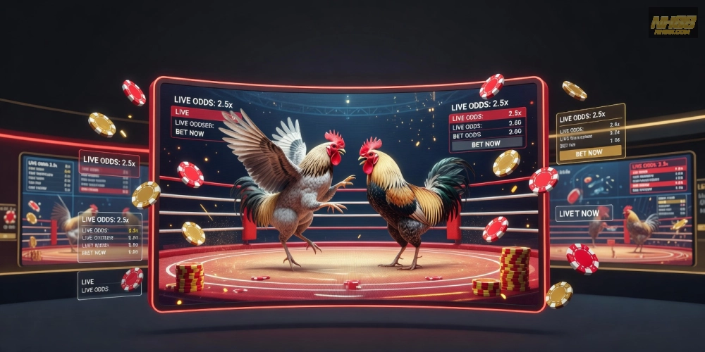 Minh họa khái niệm đá gà trực tiếp tại casino nh88 với giao diện hiện đại và hình ảnh sống động