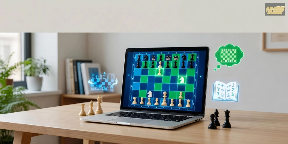 Minh họa khái niệm cơ bản về hướng dẫn chơi cờ vua trên nền tảng NH88 với bàn cờ ảo