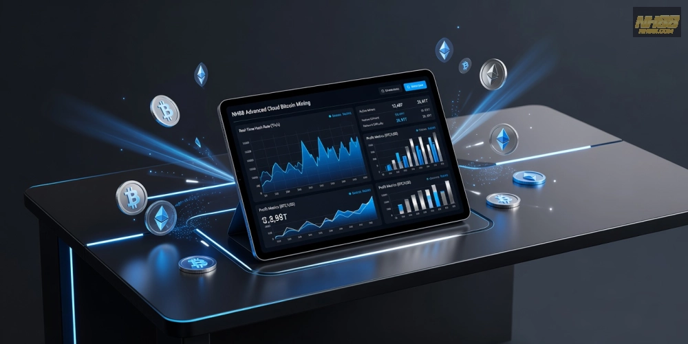 Hình ảnh giao diện cloud mining trên NH88 với biểu đồ lợi nhuận tăng trưởng