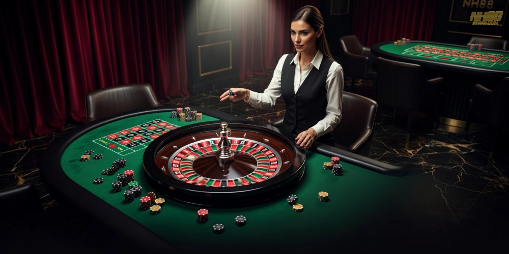 Hình ảnh bàn roulette live casino house nh88 với bánh xe quay sống động và dealer hấp dẫn